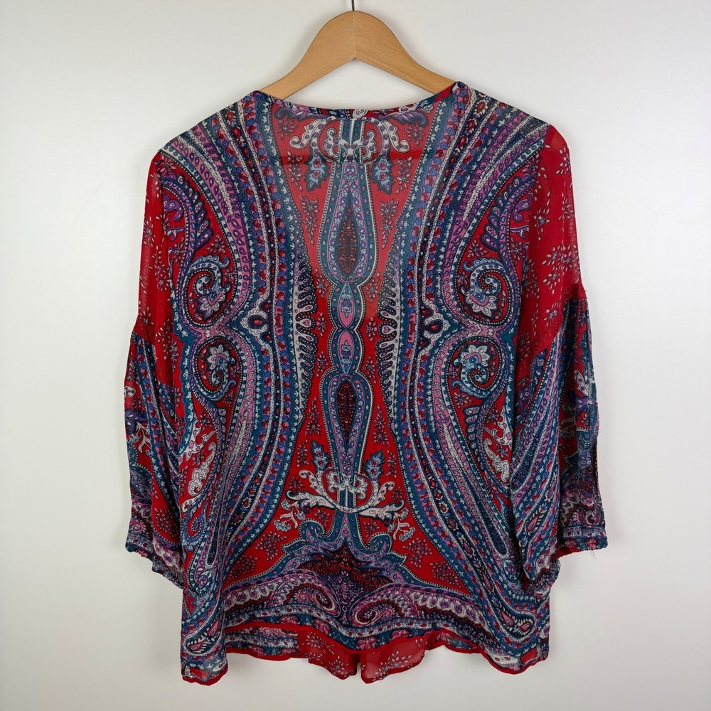 Bila Red Paisley Crochet Trim Blouse Medium Peasant Bandana Lightweight Boho - Picture 4 of 10